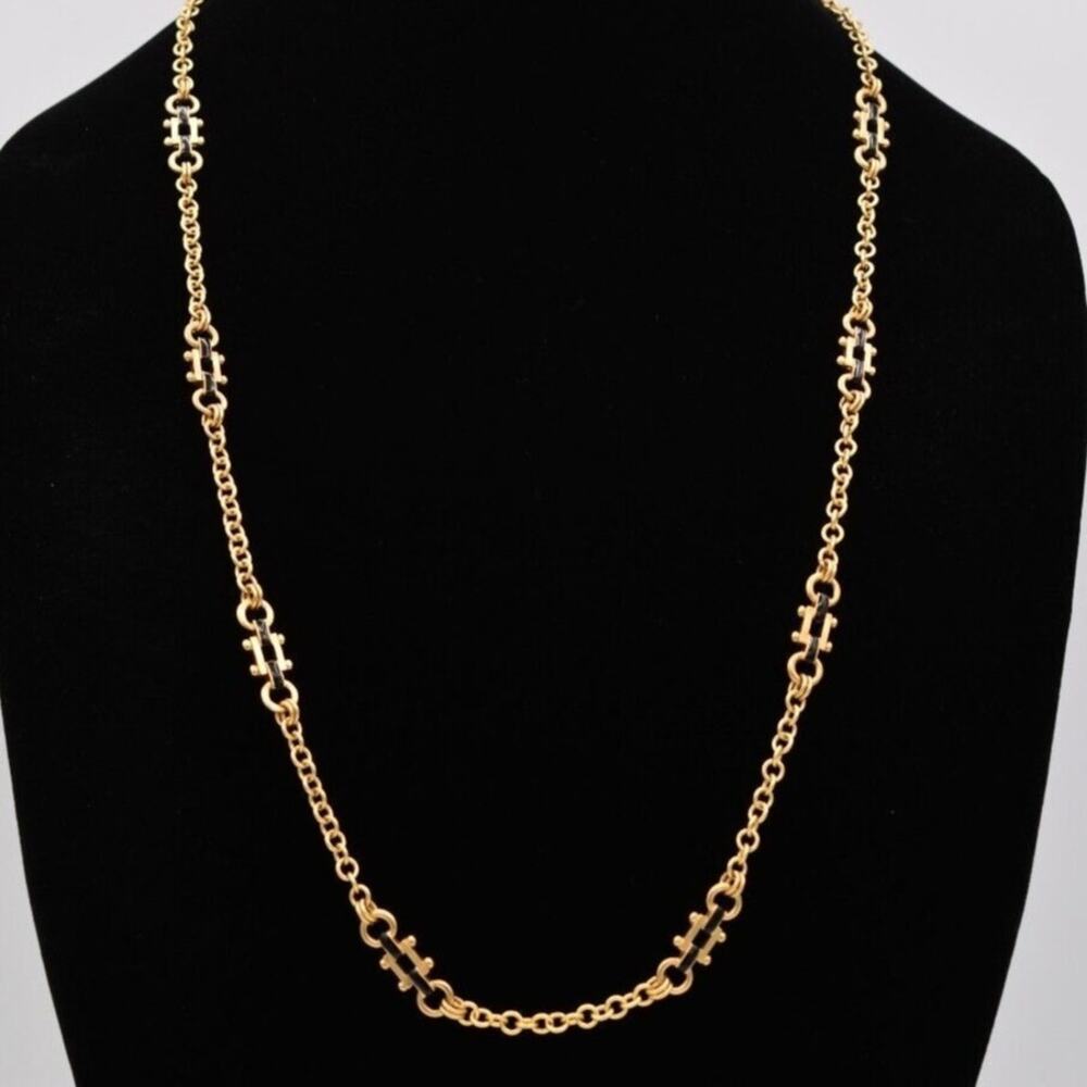Spartina 449 Chain Necklace Brushed Gold Black Enamel Station Linked Signed BinG